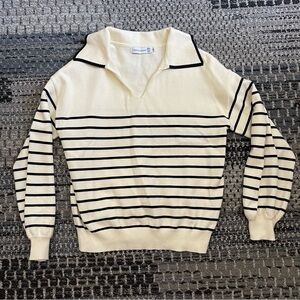 Vintage Charm V Neck Sweater with Collar, Cream with Black Stripes, Size Small